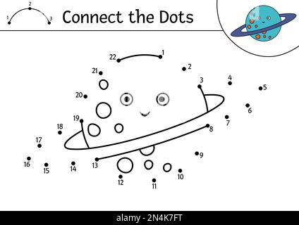 Vektorraum Punkt-zu-Punkt und Farbenaktivität mit niedlichem Planeten. Astronomie vernetzt das Dots-Spiel für Kinder. Lustige Mathe-Malseite für Kinder mit kawa Stock Vektor