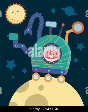 Ein komischer Vektor-Astronautenfuchs im Weltall, der den Mond erforscht. Süße Galaxie-Szene mit Planeten, Sternen, Kosmonauten. Cosmos Illustration für Kinder Stock Vektor