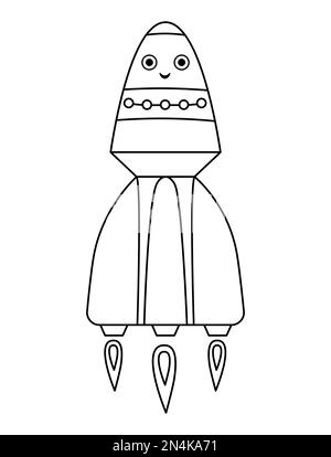 Vector Schwarz-Weiß-Raketen-Illustration für Kinder. Umriss lächelndes Raumschiff-Symbol isoliert auf weißem Hintergrund. Farbseite für Space Exploration Stock Vektor