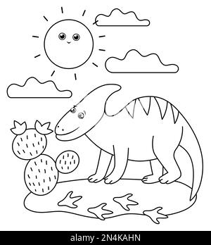 Schwarz-Weiß-Dino in einer Wüste unter der Sonne mit Kakteen. Sommerszene mit süßem Dinosaurier. Komische prähistorische Reptilienfärbung Stock Vektor