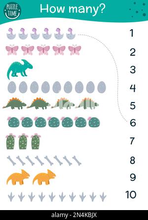 Dinosaurier zählen. Mathematikaktivität für Vorschulkinder mit Dinos. Anzahl der Objekte, die auf ein Arbeitsblatt gedruckt werden können. Pädagogisches prähistorisches Rätsel mit Num Stock Vektor