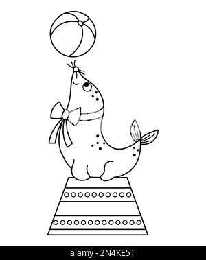Schwarz-weißer Seelöwe auf einem Stand mit einem Ball. Vektorzirkustier. Liniensymbol für Vergnügungsurlaub. Süße lustige Seehundklammer-Kunst. Straßenshow-Komiker krank Stock Vektor