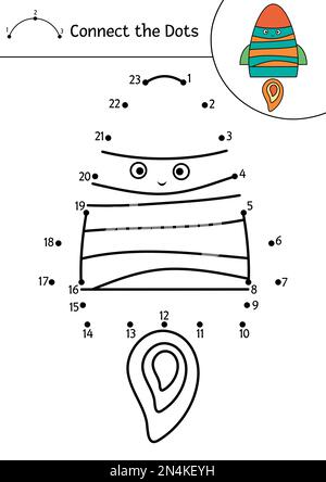 Vektorraum Punkt-zu-Punkt und Farbenaktivität mit süßer Rakete. Astronomie vernetzt das Dots-Spiel für Kinder. Lustige Mathe-Malseite für Kinder mit kawa Stock Vektor