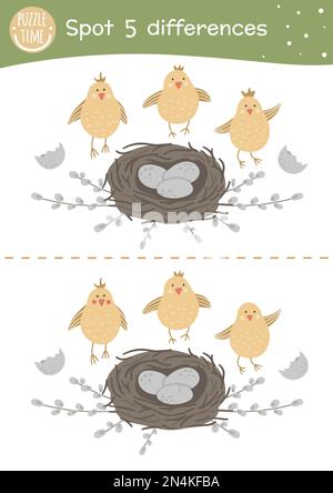 Ostern findet Unterschiedsspiel für Kinder. Weihnachtsseite mit lustigen Mädels, Nest, Weidenzweigen und Eiern. Druckbares Arbeitsblatt mit süßem Happy F Stock Vektor