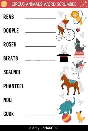 Vektor-Zirkus-Wort-Scramble-Aktivitätsseite. Englischsprachiges Spiel mit Bär, Pferd, Kaninchen für Kinder. Amusement Show Urlaub Familienquiz mit Tierspezialitäten Stock Vektor