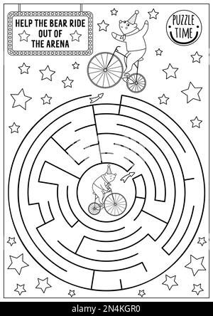 Schwarz-weißes Labyrinth für Kinder mit Bär auf dem Fahrrad. Unterhaltung mit einer ausdruckbaren Vorschullinie mit einem niedlichen Tierkünstler auf dem Fahrrad. Entert Stock Vektor