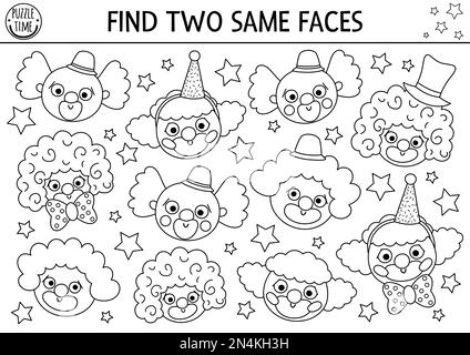 Finde zwei gleiche Clown-Gesichter. Zirkus-Schwarz-Weiß-Matching-Aktivität für Kinder. Lernquiz-Arbeitsblatt für Kinder. Einfache Pinnwand Stock Vektor