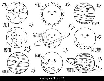 Vektorplaneten für Kinder. Umrissene Darstellung von lächelnder Erde, Sonne, Mond, Venus, Mars, Jupiter, Mercury, Saturn, Neptun. Spa Stock Vektor