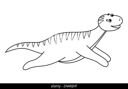 Vektor niedliche Dinosaurierlinie, isoliert auf weißem Hintergrund. Komischer Dinocharakter. Süßes prähistorisches Reptil in Schwarz-Weiß. Dipl Stock Vektor