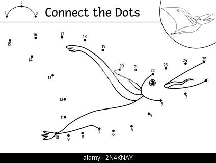 Vektor Punkt-zu-Punkt- und Farbenaktivität mit süßem fliegenden Pterodactyl-Dinosaurier. Prähistorisches Connect-the-Dots-Spiel für Kinder. Lustige mathematische Malseite f Stock Vektor