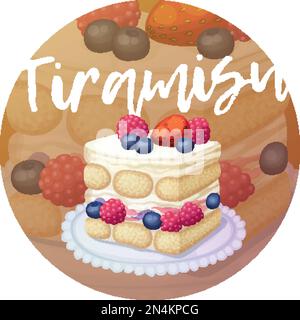 Köstliches Triple-Berry-Tiramisu-Kuchensymbol auf hellem, verlaufendem Hintergrund. Cartoon-Vektordarstellung Stock Vektor