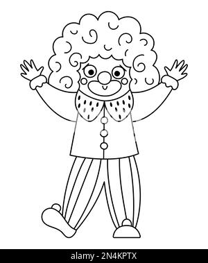 Symbol für Vektor-Clown-Linie. Schwarzweißer Zirkuskünstler. Ein amüsanter Feiertagsmensch. Süße lustige Charakterausmalseite auf dem Festival. Straßenshow-Komödie Stock Vektor