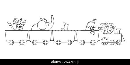 Vektorzug schwarz-weiß mit Zirkustieren und Clown. Liniensymbol für Vergnügungsurlaub. Süße, lustige Festivallokomotive mit Figuren. Straßenschau c Stock Vektor