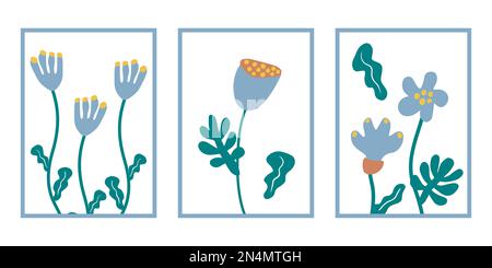 Set mit abstrakten Blumenplakaten. Trendige botanische Wandkunstwerke mit Blumenmuster in Pastelltönen. Vektorgrafik-Illustration. Stock Vektor