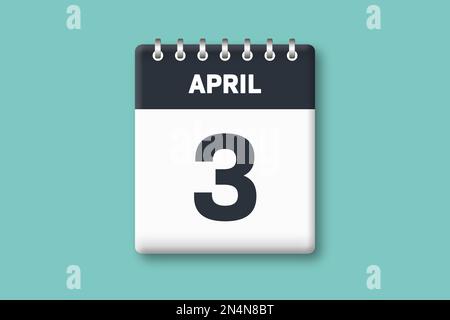 April 3 - Kalenderseite/Blatt mit Datum - 3. April auf zyanischem/blauem Hintergrund Stockfoto