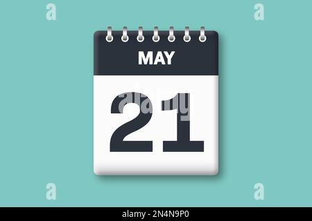 Mai 21 – Kalenderseite/Blatt mit Datum – 21. Mai auf zyanischem/blauem Hintergrund Stockfoto