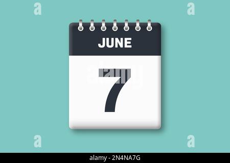 Juni 7 - Kalenderseite/Blatt mit Datum - 7. Juni auf zyanischem/blauem Hintergrund Stockfoto