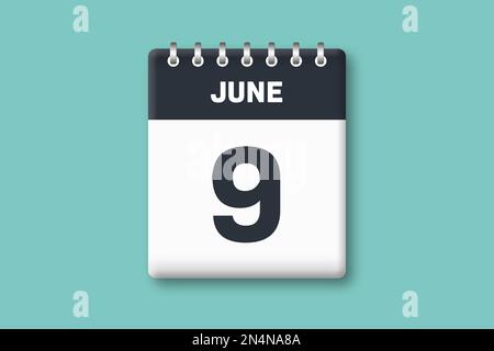 Juni 9 - Kalenderseite/Blatt mit Datum - 9. Juni auf zyanischem/blauem Hintergrund Stockfoto