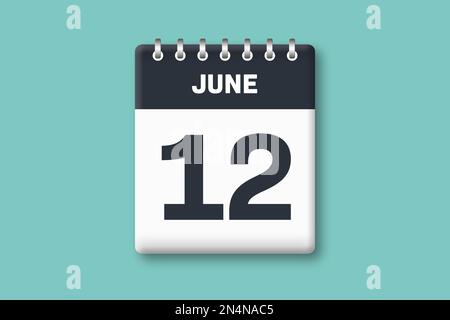 Juni 12 - Kalenderseite/Blatt mit Datum - 12. Juni auf zyanischem/blauem Hintergrund Stockfoto