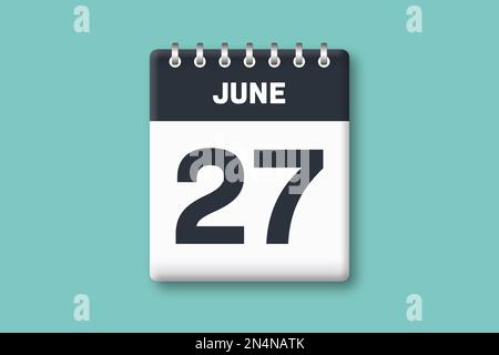 Juni 27 - Kalenderseite/Blatt mit Datum - 27. Juni auf zyanischem/blauem Hintergrund Stockfoto