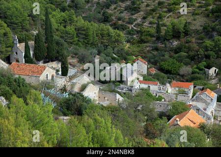 Malo Grablje, Little Grablje, Geisterdorf, verlassenes Dorf auf der Insel Hvar, Kroatien Stockfoto