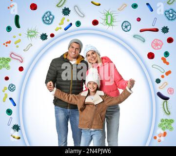 Starke Immunität - gesunde Familie. Glückliche Eltern mit Kindern vor Viren und Bakterien geschützt, Illustration Stockfoto