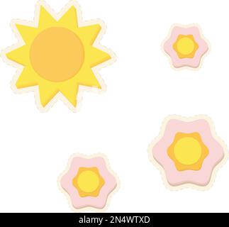 Set mit 3D Aufklebern aus der Sonne und Blumen in verschiedenen Größen in trendigen, blassen Farbtönen. Aufkleber. Symbol. Isolieren. Geeignet für Banner, Etiketten, Tapeten, Poster, Karten. Copyspase. Design für Schriftzeichen. EPS Stock Vektor