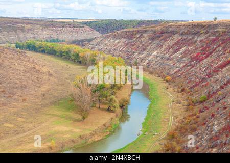 Blick auf den gewundenen Fluss und die Hügel von oben Stockfoto