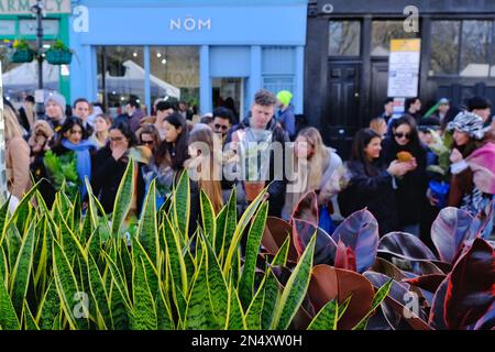 London, Großbritannien. Ein allgemeiner Blick auf den Columbia Road Flower Market mit Kunden, die auf die Verkaufsstände schauen. Stockfoto