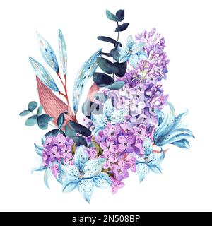 Uber die Zusammensetzung zarter Frühlingsblumen auf weißem Hintergrund. Aquarelldarstellung. Runder Rahmen aus Frühlingsblumen auf weißem Hintergrund. Aquarell Stockfoto