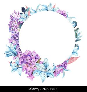 Runder Rahmen aus Frühlingsblumen auf weißem Hintergrund. Aquarell. Hochzeitskarten-Dekoration. Design der Einladungskarte. Element mit Blumenmuster. Stockfoto