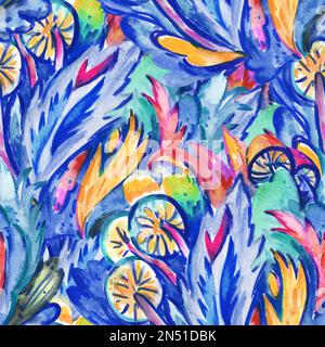 Psychedelisch ornamentales Muster. Aquarell handgezeichnete Textur mit floralen und botanisch verzierten Formen und Motiven. Stockfoto