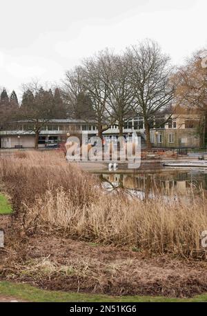 Hamburg, Deutschland. 23. Januar 2023. Außenansicht des derzeit geschlossenen 'Cafe Seeterrassen' im Park 'Planten un Blomen'. Kredit: Christian Charisius/dpa/Alamy Live News Stockfoto