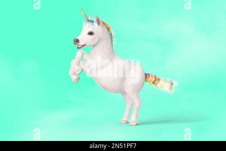 3D Abbildung: Mythisches Pocket Unicorn-Pose-Isolat auf pastellgrünem Hintergrund mit Beschneidungspfad. Stockfoto