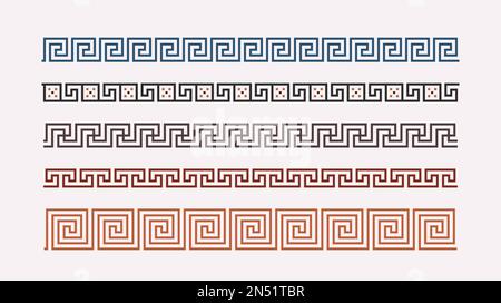 Griechische Schlüsselkollektion für Ornamente. Farbiges Meander-Muster eingestellt. Sich wiederholendes geometrisches Meandros-Motiv. Griechisches Frettchen-Design. Uralte dekorative Grenze. Vektor Stock Vektor