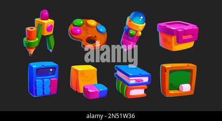 Spielsymbole von Schulpapier, Büchern, Stift, Taschenrechner und Radierer. Niedliche Gegenstände von Bildungsmaterial, Tafel, Kompass und Palette, Vektorgrafiken isoliert im Hintergrund Stock Vektor