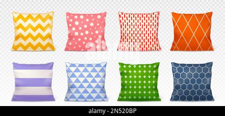 Farbige quadratische Kissen realistische Vektordarstellung. Dekoratives Kissen aus Baumwolle mit gemusterten Rhombussen und Dreiecken, Punkten und Zickzack, Vorderansicht mit gestreiftem Polster, isoliert auf transparentem Hintergrund Stock Vektor