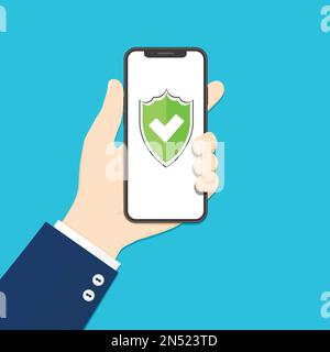 Grünes Schild auf dem Smartphone-Bildschirm. Sicherheitskonzept für den Webzugriff. Privatsphäre, Sicherheit, Sicherheitsschild. Abbildung eines flachen Designs. Stock Vektor