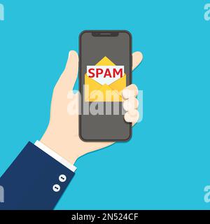 Smartphone in der Hand mit Spam-E-Mail auf dem Bildschirm. Vektordarstellung in flacher Form. Stock Vektor