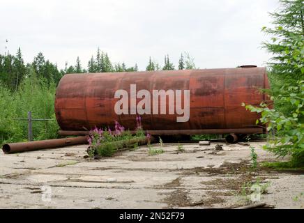 Ein großer rostiger Eisentank liegt auf einem verlassenen Gelände mit Blumen und Gras im Wald der nördlichen Taiga von Yakutia. Stockfoto