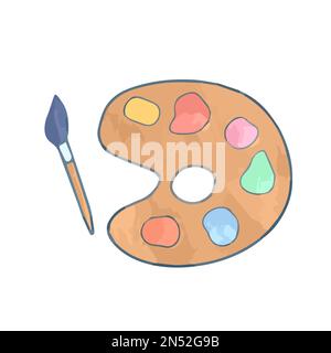 Handgezeichnete niedliche, isolierte Palette mit bunten Farbpigmenten und Pinsel Stock Vektor