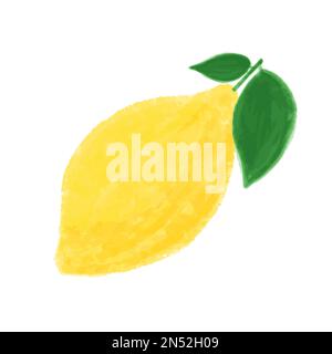 Handgezeichnete süße, wässrige gelbe Zitrone mit zwei grünen Blättern Stock Vektor