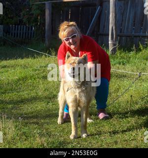 Die fröhliche, fette Yakut-Frau in Brille spielte mit seiner Hunderasse Akita inu auf dem grünen Gras des Dorfes in Yakutia. Stockfoto