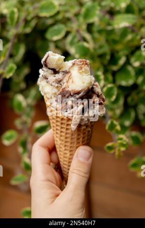 Weibliche Hand mit köstlichem schokoladeneis aus amerikanischer Vanille. Leckeres hausgemachtes Eis in der Waffelform. Glutenfreies veganes Milcheis. Stockfoto
