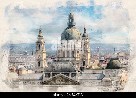 St. Stephans Basilika in Budapest, Ungarn, im Aquarellstil. Stockfoto