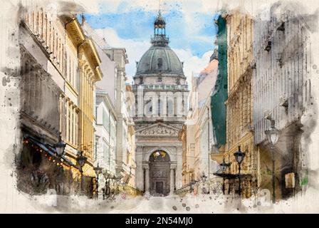 St. Stephans Basilika in Budapest, Ungarn, im Aquarellstil. Stockfoto