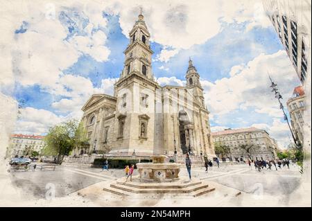 St. Stephans Basilika in Budapest, Ungarn, im Aquarellstil. Stockfoto