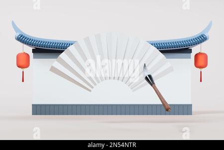 Uralter chinesischer Pinsel und Ventilator, 3D-Rendering. Digitale Zeichnung. Stockfoto