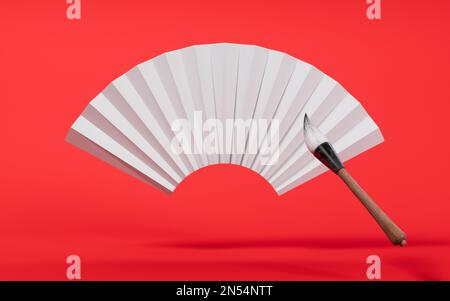 Uralter chinesischer Pinsel und Ventilator, 3D-Rendering. Digitale Zeichnung. Stockfoto