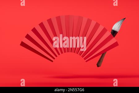 Uralter chinesischer Pinsel und Ventilator, 3D-Rendering. Digitale Zeichnung. Stockfoto